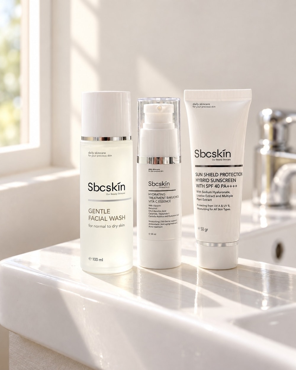 Gentle Facial Wash, Bakuchiol Vita C Essence, dan Sun Shield di tepi wastafel kamar mandi, cahaya pagi dari jendela