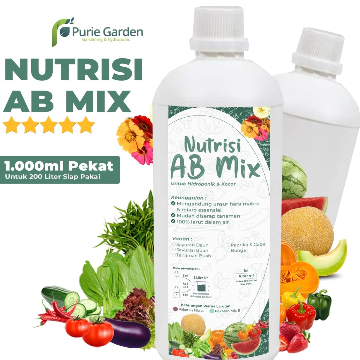 Pupuk Nutrisi Ab Mix Sayuran Daun Cair 1 Liter Pekat Purie Garden