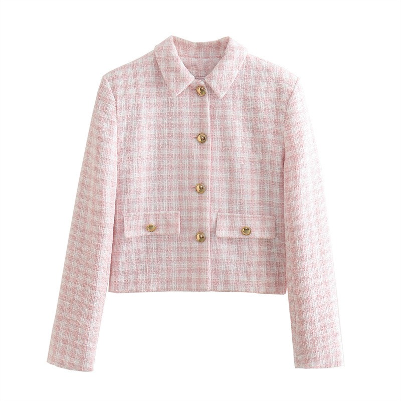 Pink Tweed-like Blouse with Pearl Collar
