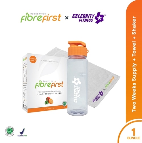 Fibre First 1 box isi 15 sachets + 1 buah towel + 1 buah shaker official Fibre First x Celebrity Fitness