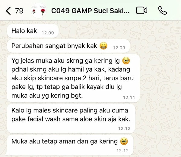 Tangkapan layar testimoni pemakai Sbcskin dari WhatsApp
