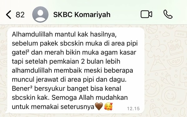 Tangkapan layar testimoni pemakai Sbcskin dari WhatsApp