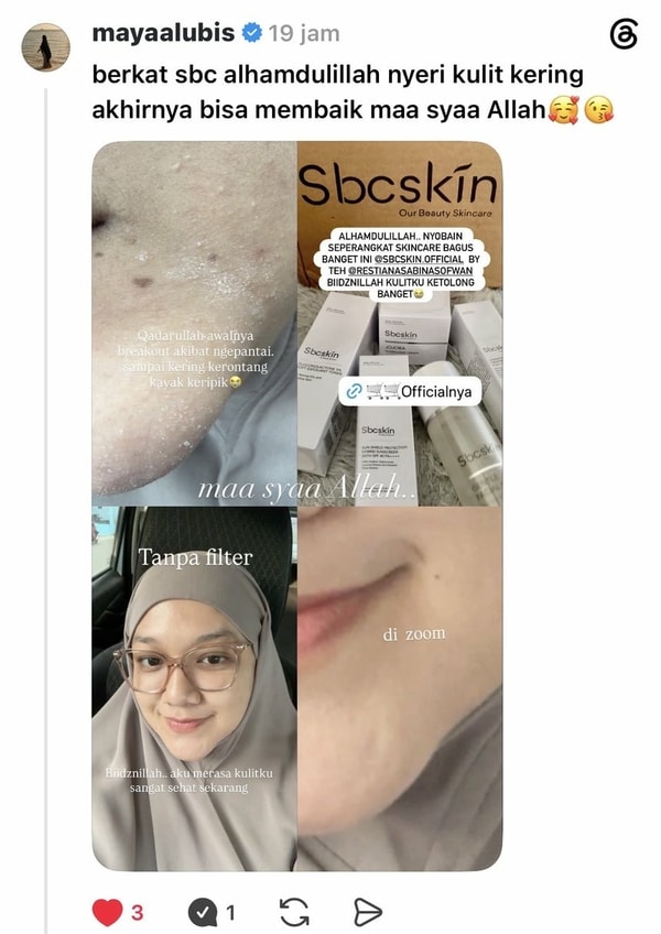 Tangkapan layar testimoni pemakai Sbcskin dari Threads