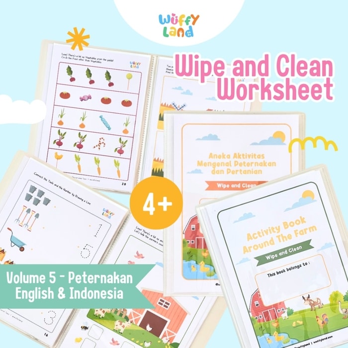 Worksheet Anak Wuffyland Wipe and Clean Tema Peternakan Bahasa Indonesia dan Bahasa Inggris