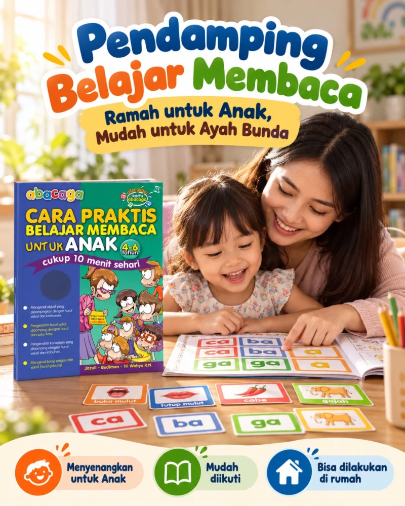 Buku ABACAGA — Cara Praktis Belajar Membaca untuk Anak 4–6 Tahun: ibu dan anak belajar bersama di rumah, cukup 10 menit sehari dengan metode Stepping Stone 6 tahapan