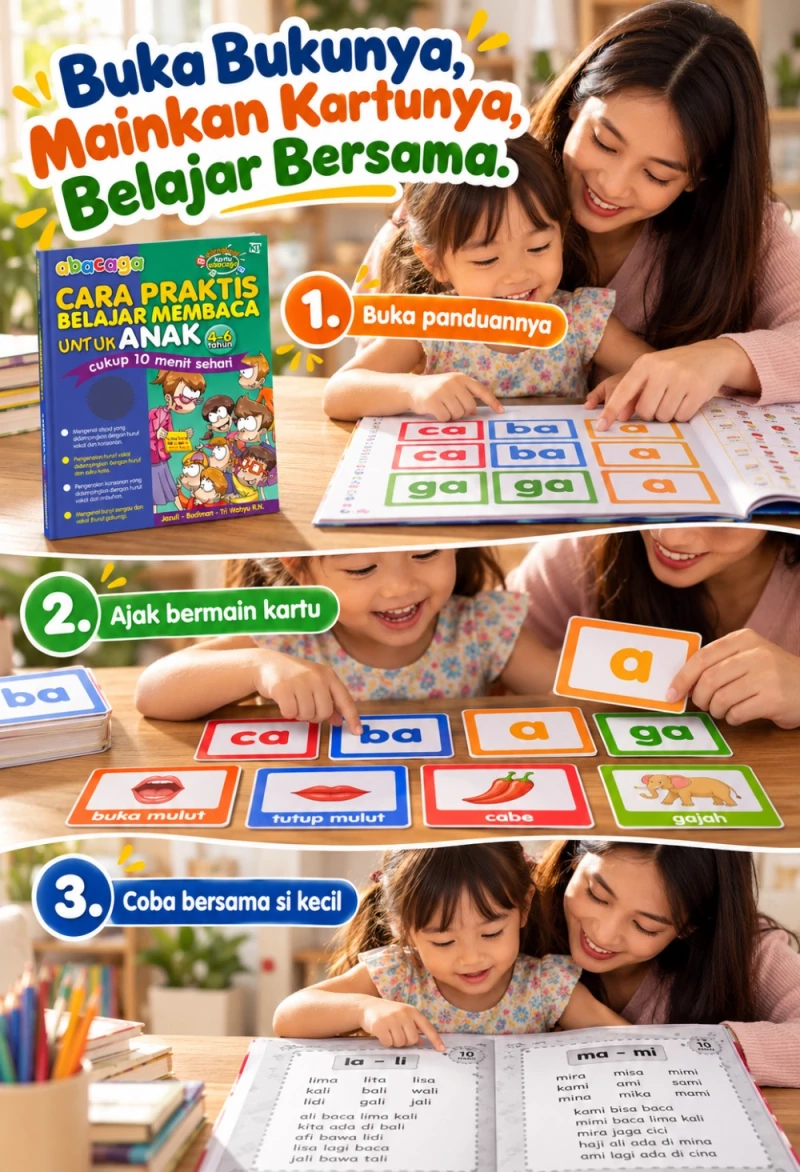 Ibu dan anak membuka buku, bermain kartu, dan belajar bersama menggunakan ABACAGA