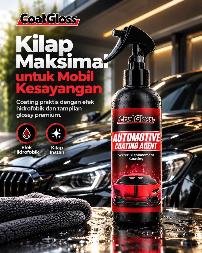 CoatGloss Automotive Coating Agent dengan kemasan semprot hitam dan merah