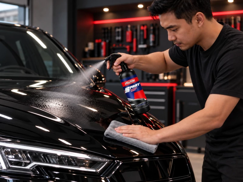 Pemilik mobil menyemprotkan OtoShine ke kap mobil di garasi modern