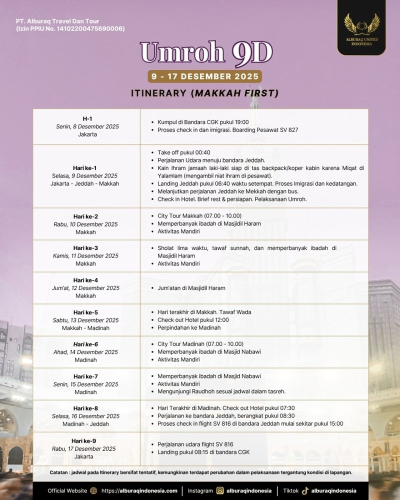 9 Desember - Umroh 9 Hari - Start Jakarta