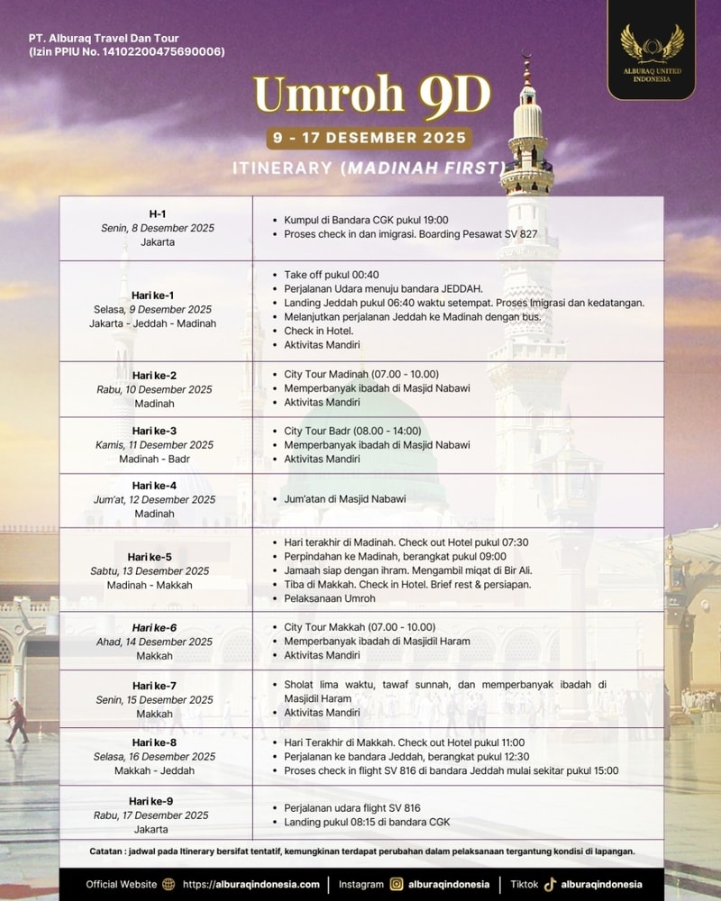 9 Desember - Umroh 9 Hari - Start Jakarta