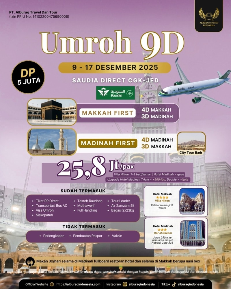 9 Desember - Umroh 9 Hari - Start Jakarta