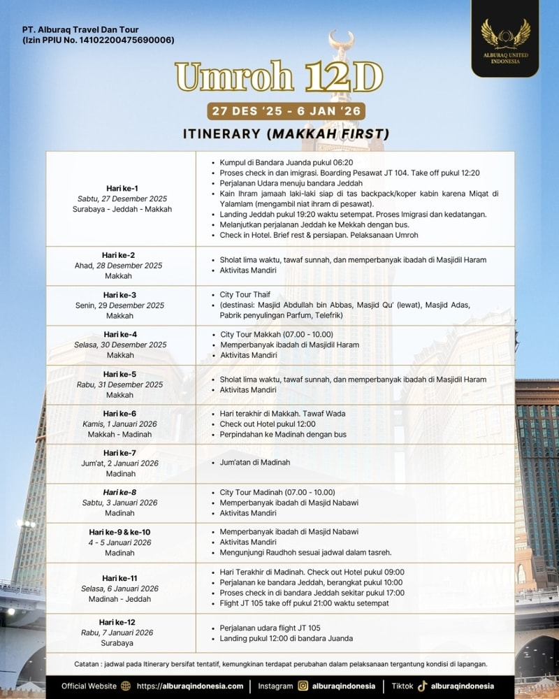Umroh 12d - 27 Desember 2025 - Lion - start jakarta
