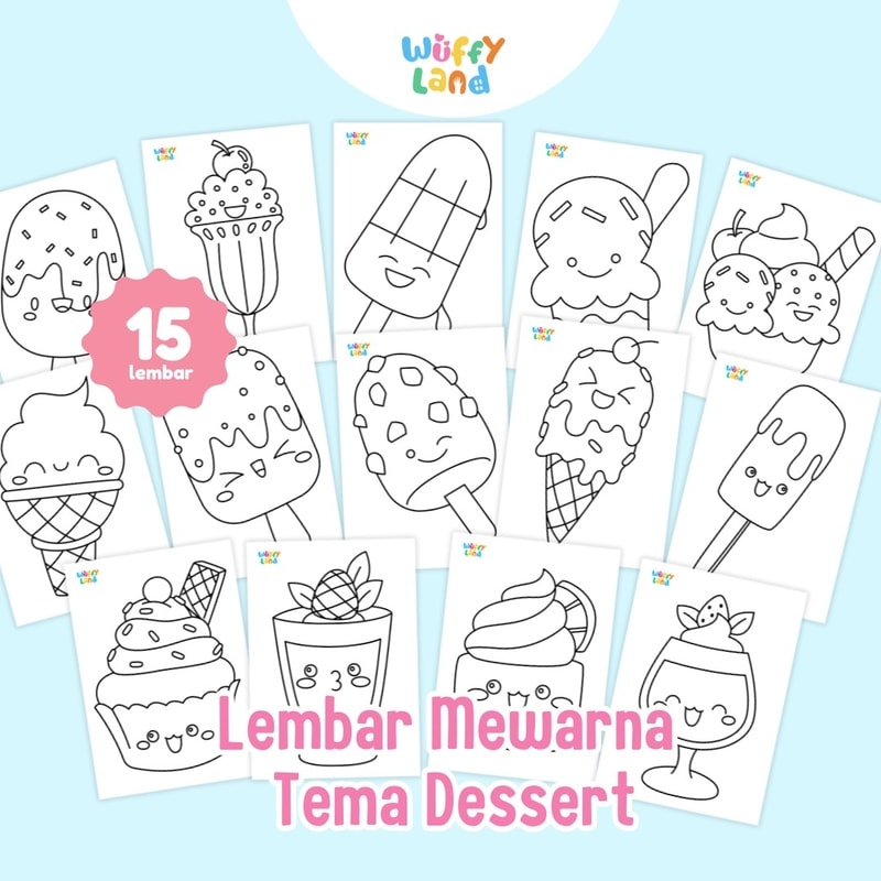 Worksheet wuffyland aktivitas mewarna dengan tema dessert