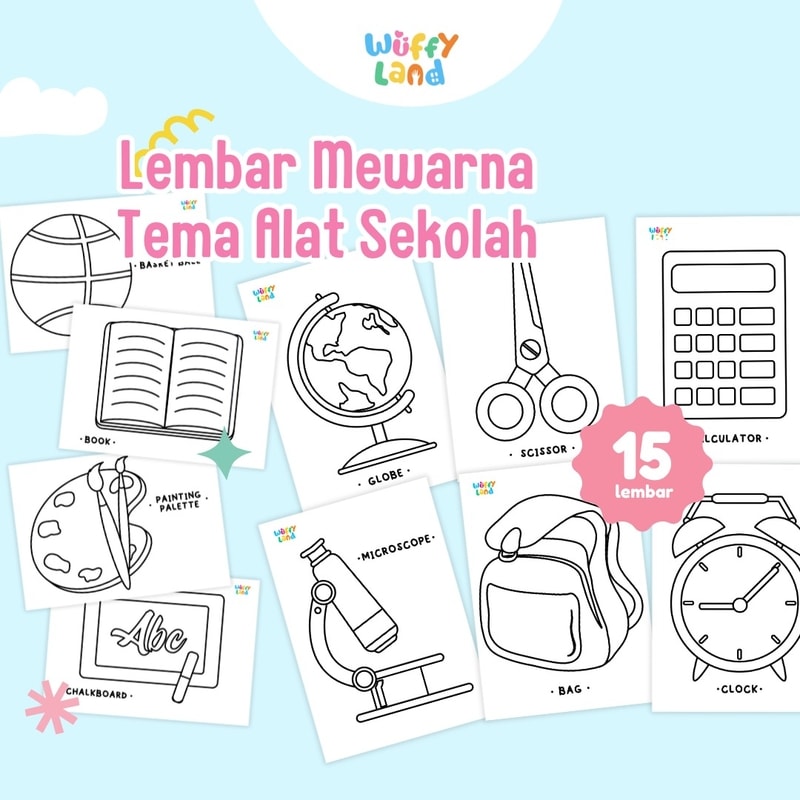 Aktifitas Mewarna Wuffyland Tema Alat Sekolah (Ukuran A5)