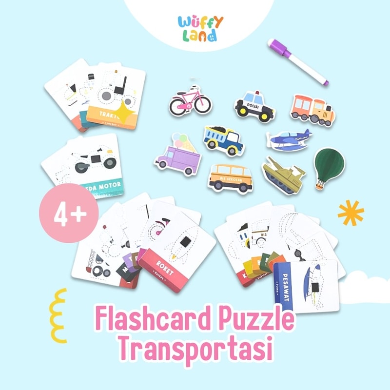 mainan anak wuffyland flashcard puzzle tema transportasi wipe and clean free spidol