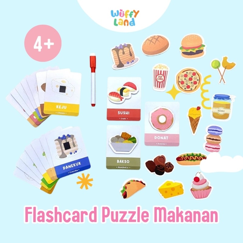 Mainan edukasi anak wuffyland flashcard puzzle makanan wipe and clean free spidol
