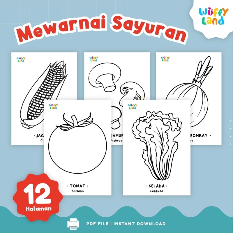 Wuffyland Worksheet Edukasi Anak Indonesia Murah Printable Mewarna Tema Sayuran