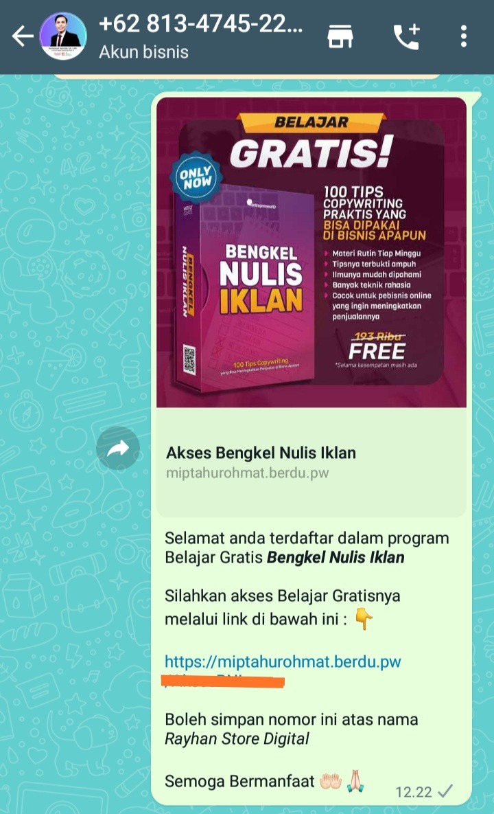 Link akses yang dikirim oleh admin kepada peserta yang sudah daftar Bengkel Nulis Iklan